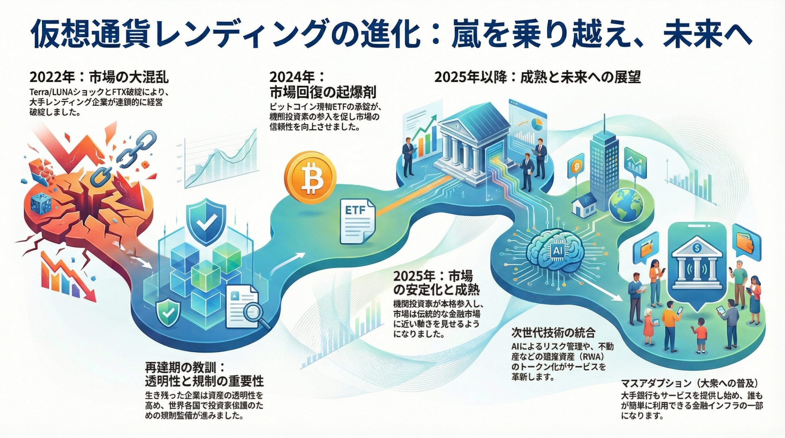 仮想通貨レンディング市場の進化を示すインフォグラフィック。2022年の市場混乱、2024年のビットコインETF承認による回復、2025年の安定化、2026年以降のAI・RWA技術統合とマスアダプションへの展望を図解。