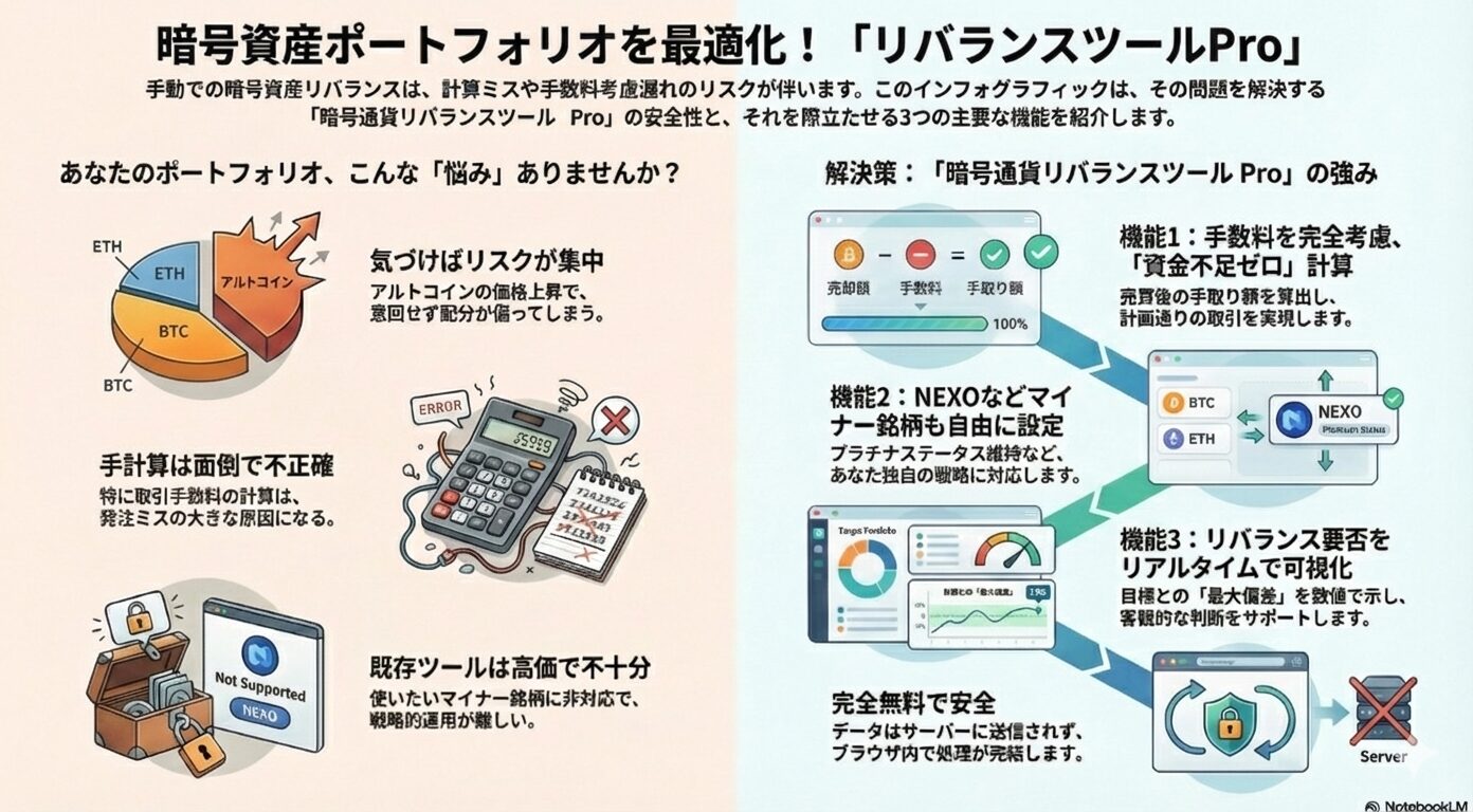 暗号資産ポートフォリオを最適化！リバランスツールProの3つの機能：手数料完全考慮、マイナー銘柄対応、リアルタイム可視化