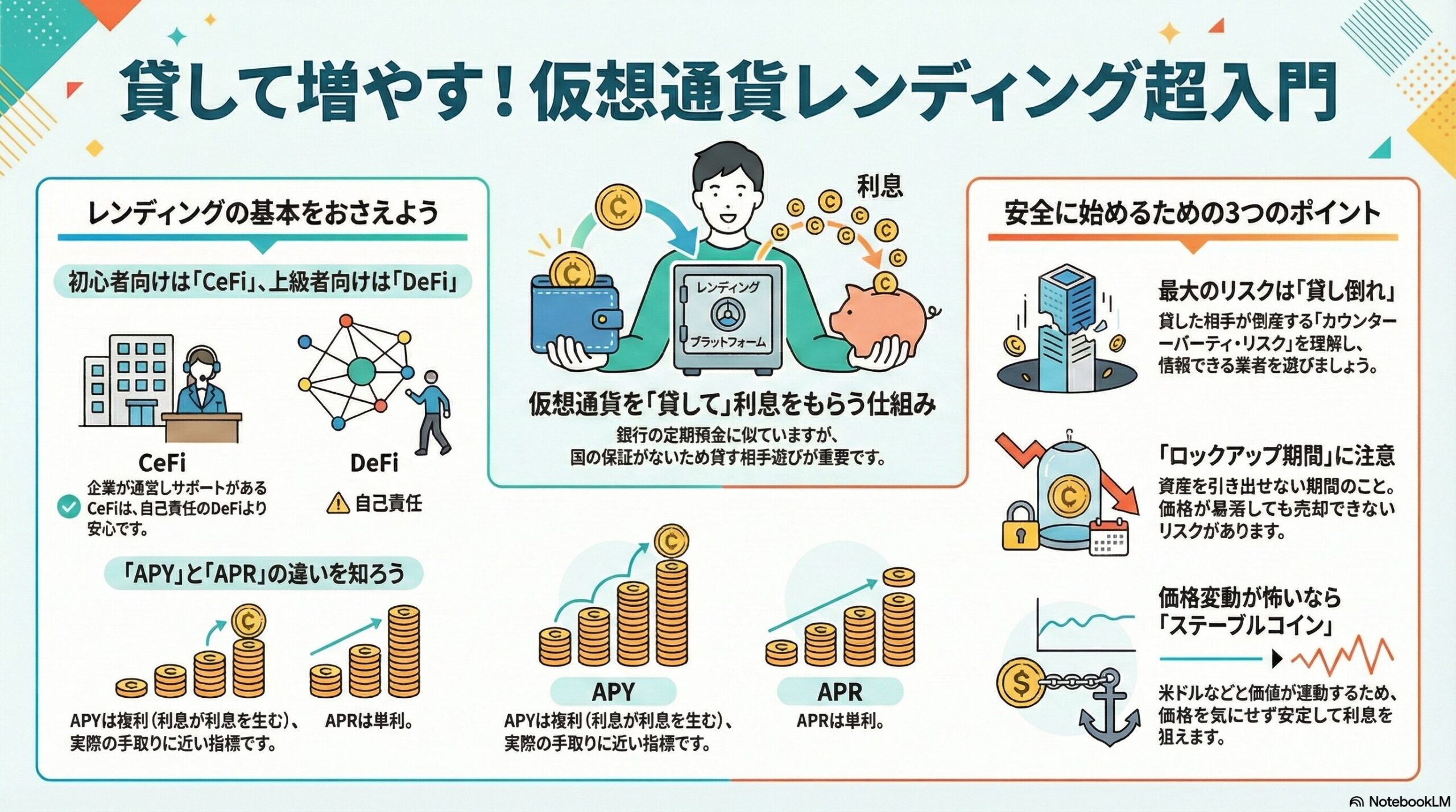 仮想通貨レンディングの基礎知識を図解。CeFiとDeFiの違い、APYとAPRの見方、安全に始めるための3つのポイントをわかりやすくまとめました。