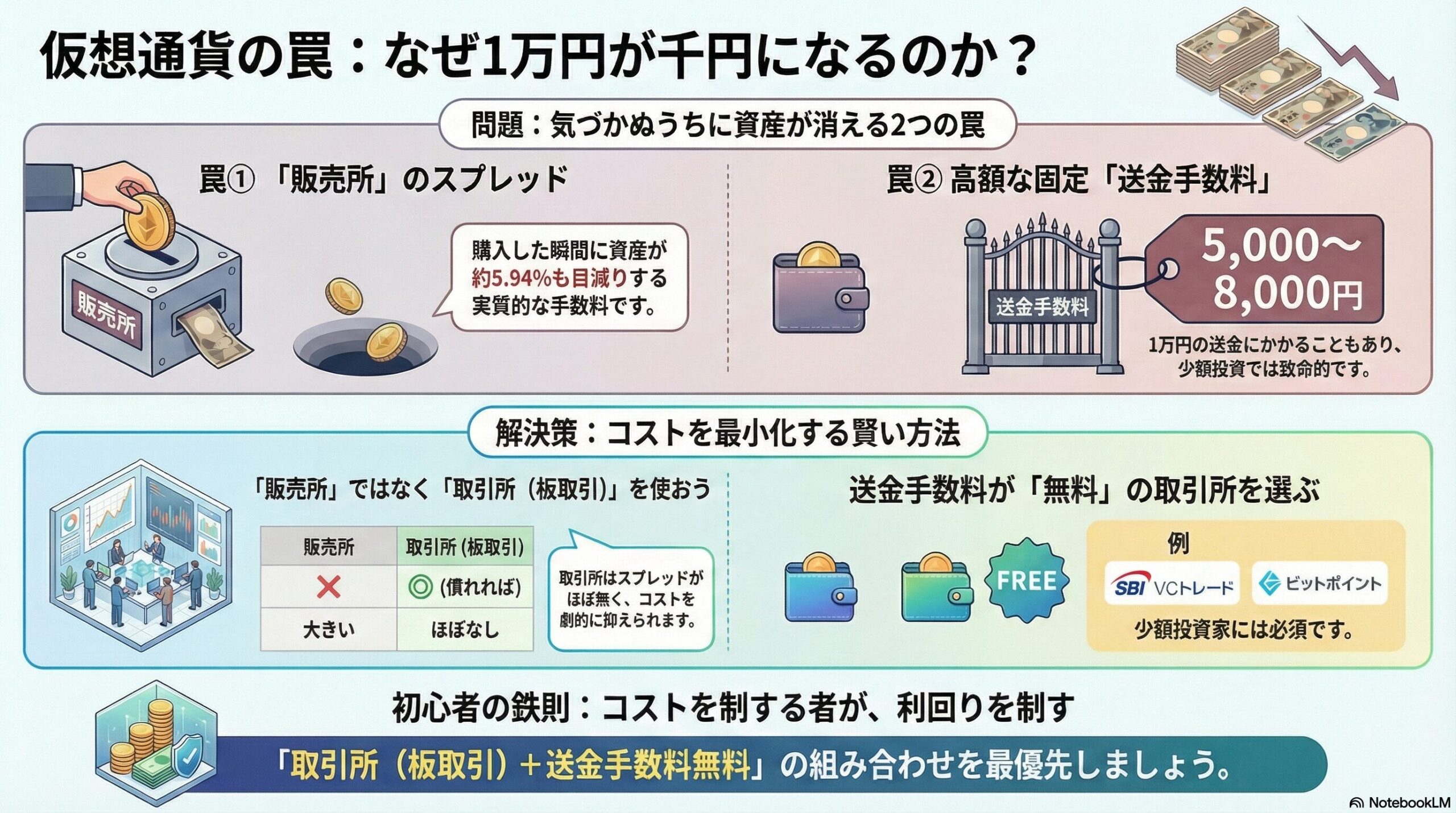 仮想通貨初心者が1万円を投資するとスプレッドと送金手数料で資産が減る仕組みの図解
