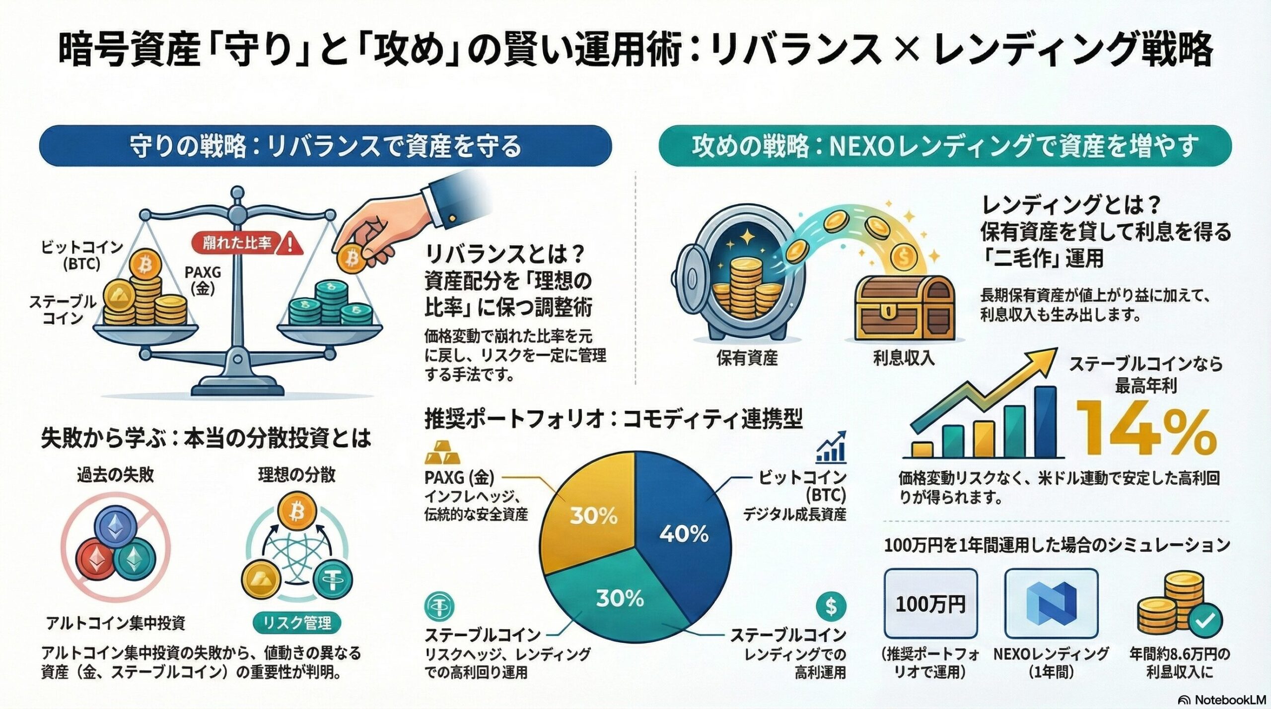 暗号資産運用における「守り」と「攻め」の賢い運用術を解説するインフォグラフィック。左側にリバランス戦略（BTC、PAXG、ステーブルコインの天秤）、右側にNEXOレンディング戦略（金庫と利息収入）、中央に推奨ポートフォリオ円グラフ（BTC40%、PAXG30%、ステーブル30%）とUSDT年利14%の表示。