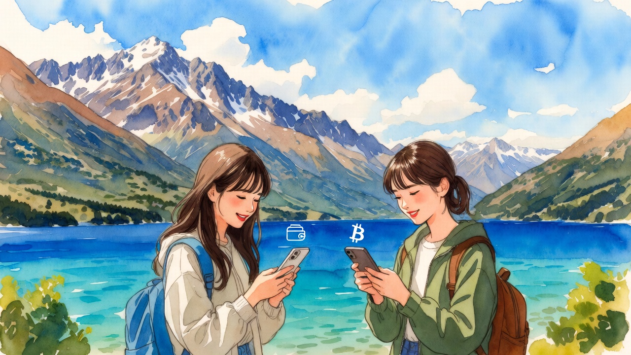 クイーンズタウンのワカティプ湖畔で暗号通貨ウォレットアプリを確認する日本人女性2人、背景にリマーカブルズ山脈、水彩画イラスト