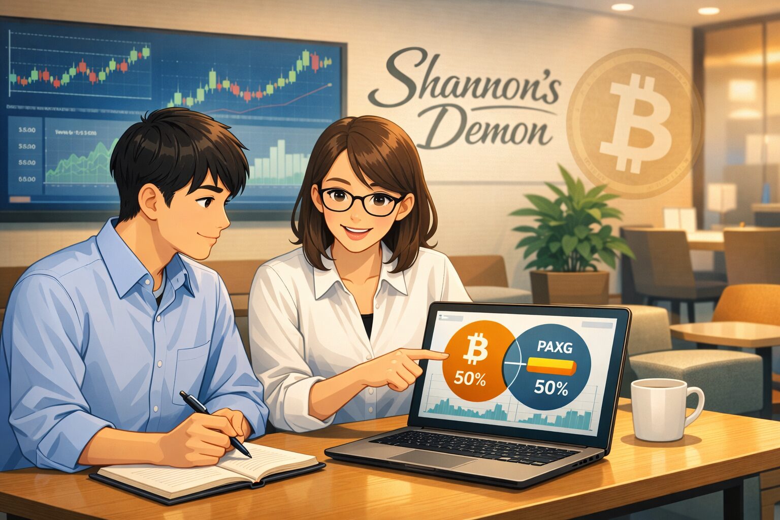 「オフィスで先輩から仮想通貨投資のシャノンの悪魔について教わる新入社員」