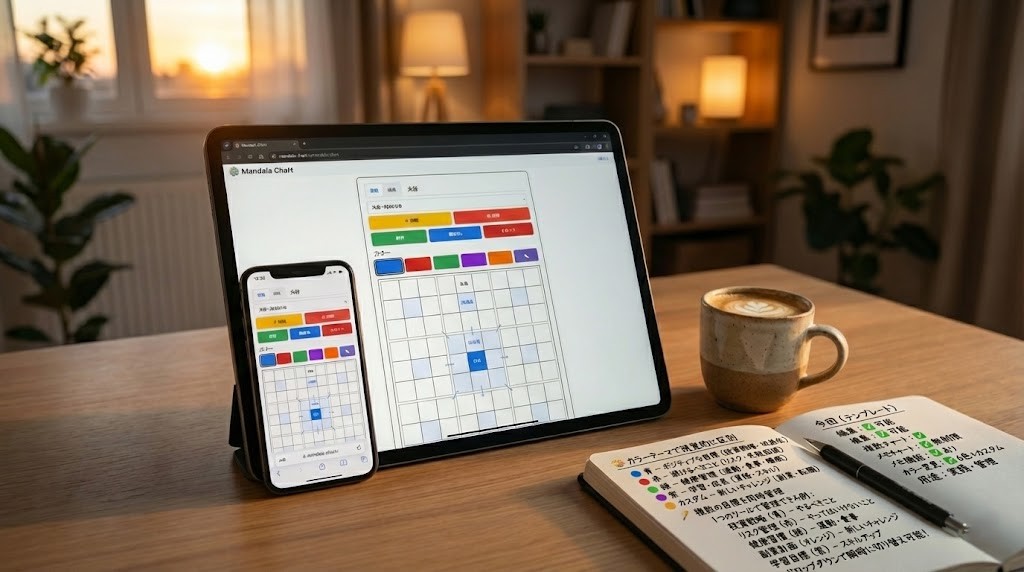 マンダラチャート管理テンプレートの操作画面。閲覧・編集モード切り替え、複数チャート管理、6色のカラーテーマ選択、9x9マスの入力画面を表示。