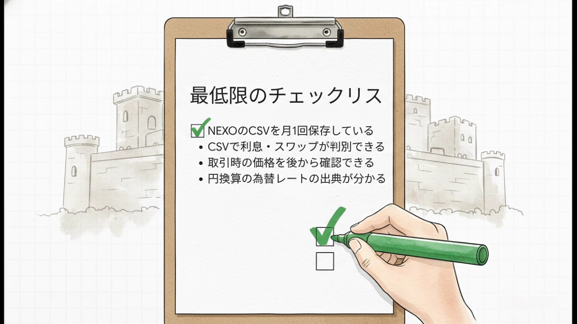 NEXOトークンの税務記録管理チェックリスト。クリップボードに最低限必要な4項目が記載され、背景に城のイラスト。
