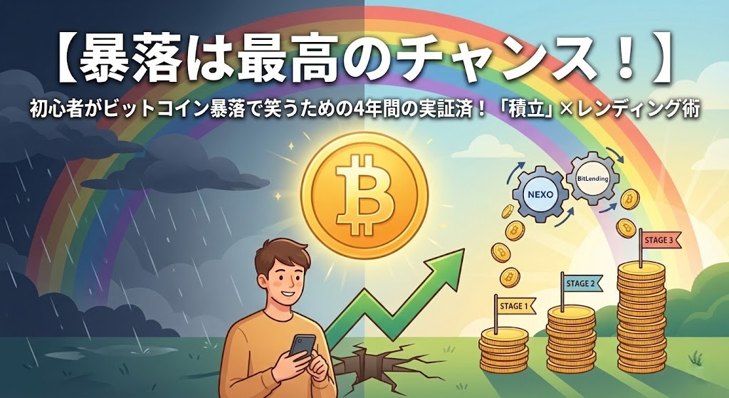 ビットコイン暴落をチャンスに変える積立とレンディング運用のイメージ図。嵐から虹への変化、ビットコインの成長、NEXOやBitLendingのロゴ、段階的なコインの積み上げが描かれたアイキャッチ画像。