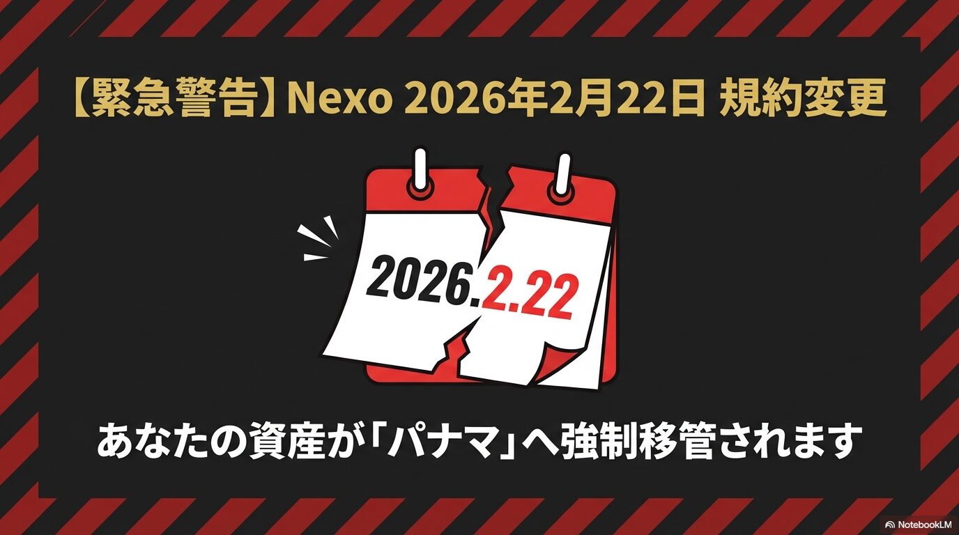 Nexoの2026年2月22日規約変更を警告するアイキャッチ画像。破れたカレンダーのイラストと共に「あなたの資産がパナマへ強制移管されます」というテキストが記載されている。